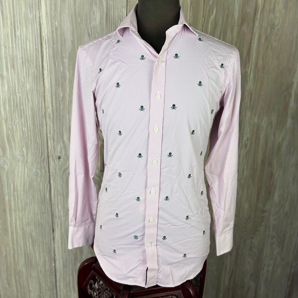 G/Fore Mens Shirt Skull Bones Sz M White Pink Striped Button Embroidered Stretch